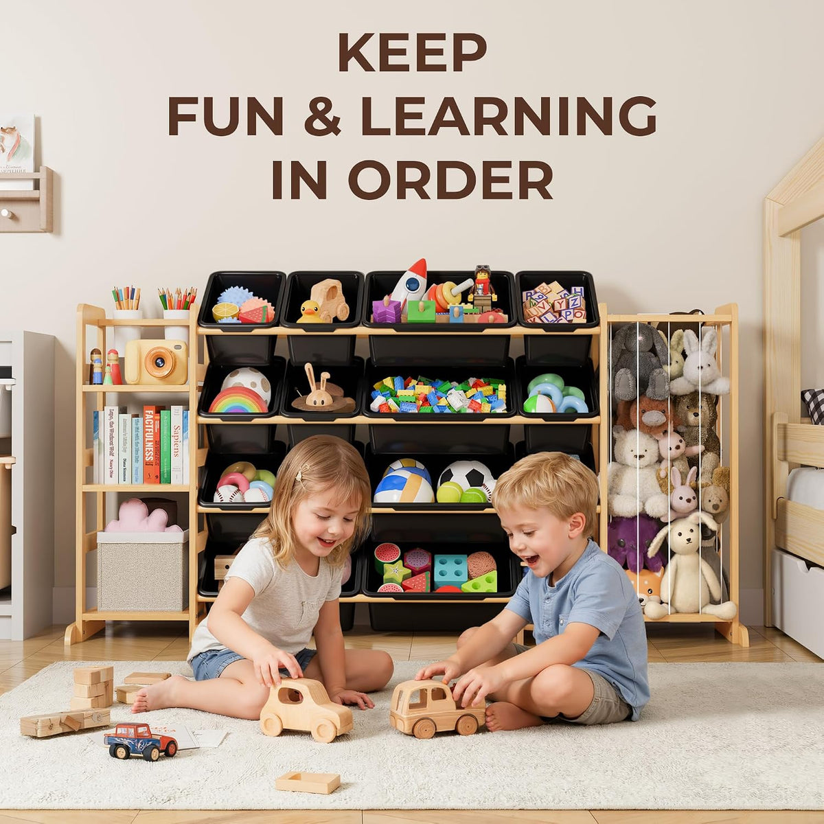 Toy Storage Organizer with Bookshelf and Stuffed Animal Storage - Kids Playroom Organization with Shelves and 12 Toy Bins - Toddler Living Room Toy Box for Lego - Nursery Bedroom Decor Essential