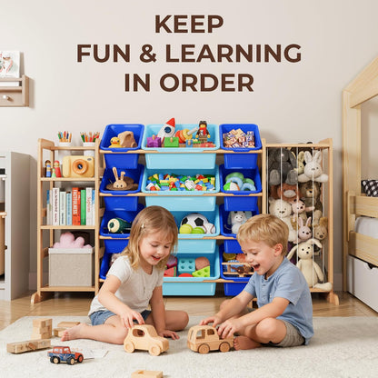 Toy Storage Organizer with Bookshelf and Stuffed Animal Storage - Kids Playroom Organization with Shelves and 12 Toy Bins - Toddler Living Room Toy Box for Lego - Nursery Bedroom Decor Essential