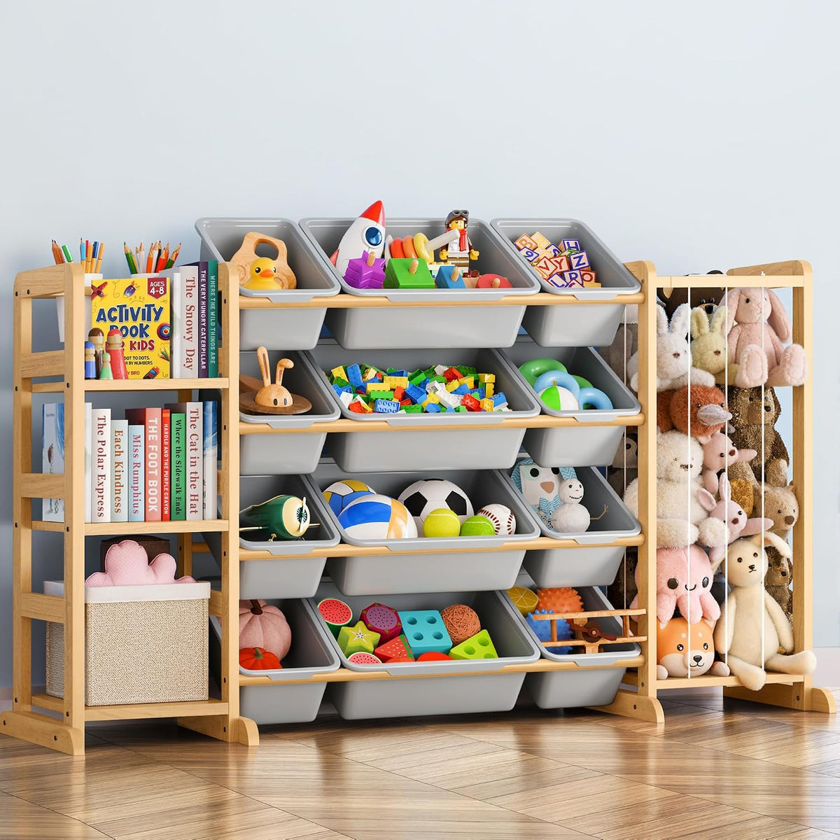 Toy Storage Organizer with Bookshelf and Stuffed Animal Storage - Kids Playroom Organization with Shelves and 12 Toy Bins - Toddler Living Room Toy Box for Lego - Nursery Bedroom Decor Essential