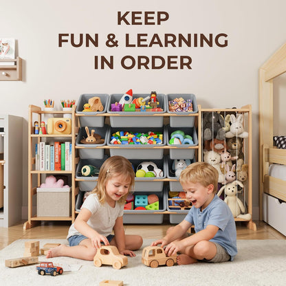 Toy Storage Organizer with Bookshelf and Stuffed Animal Storage - Kids Playroom Organization with Shelves and 12 Toy Bins - Toddler Living Room Toy Box for Lego - Nursery Bedroom Decor Essential