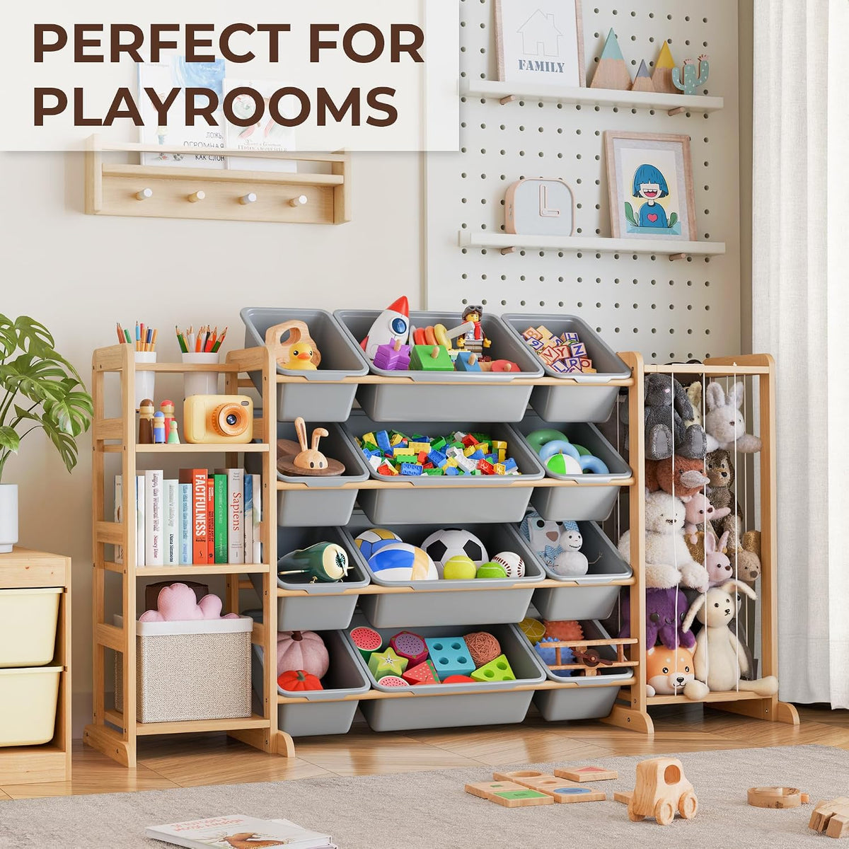 Toy Storage Organizer with Bookshelf and Stuffed Animal Storage - Kids Playroom Organization with Shelves and 12 Toy Bins - Toddler Living Room Toy Box for Lego - Nursery Bedroom Decor Essential