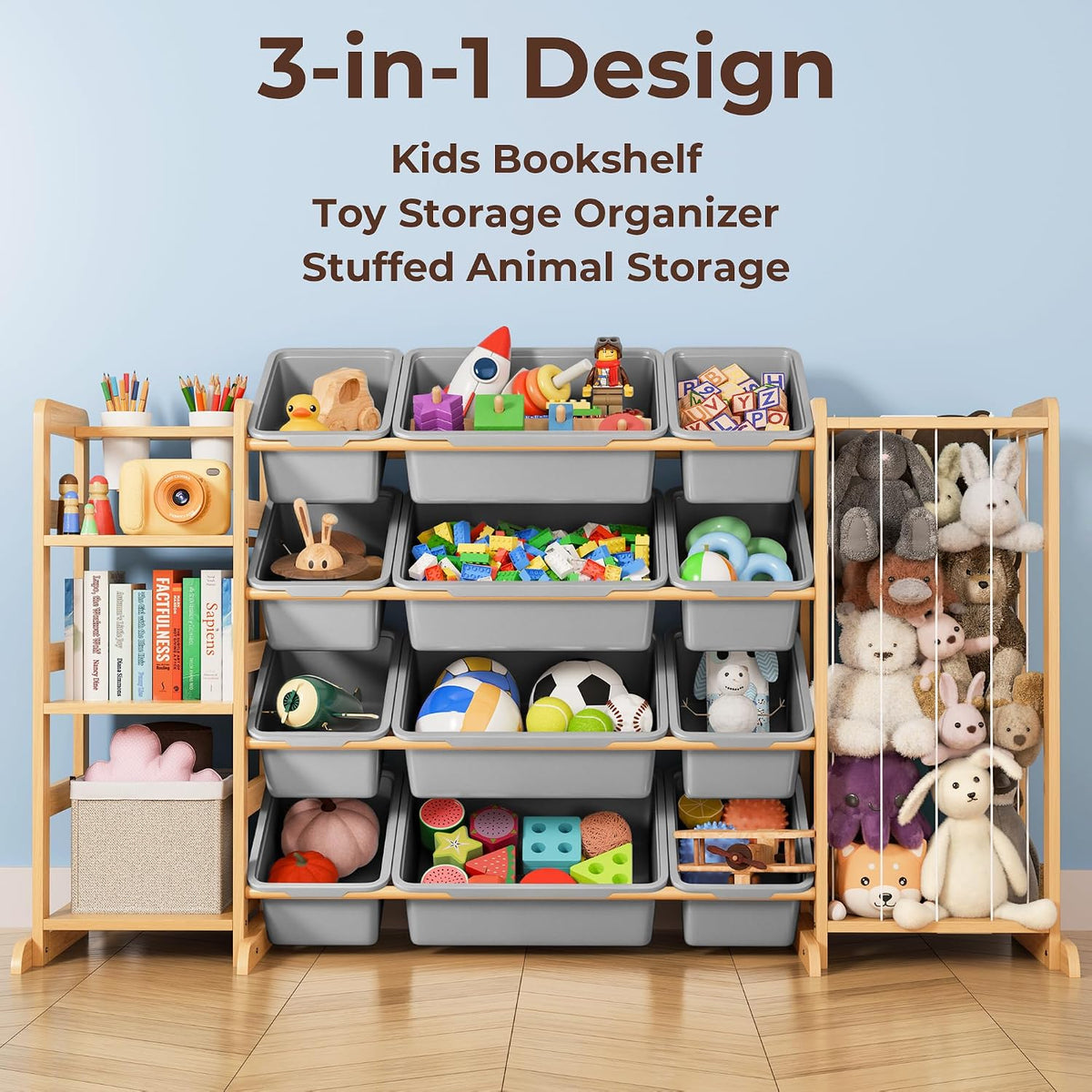 Toy Storage Organizer with Bookshelf and Stuffed Animal Storage - Kids Playroom Organization with Shelves and 12 Toy Bins - Toddler Living Room Toy Box for Lego - Nursery Bedroom Decor Essential