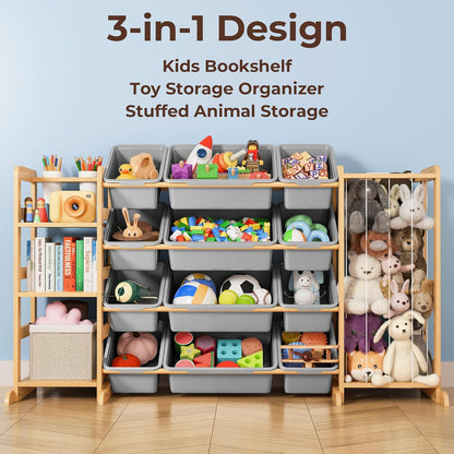 Toy Storage Organizer with Bookshelf and Stuffed Animal Storage - Kids Playroom Organization with Shelves and 12 Toy Bins - Toddler Living Room Toy Box for Lego - Nursery Bedroom Decor Essential