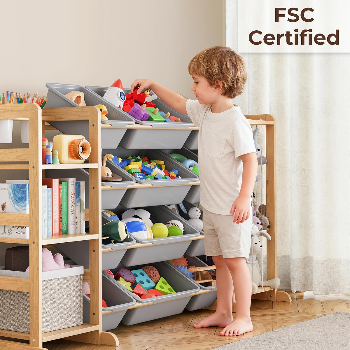 Toy Storage Organizer with Bookshelf and Stuffed Animal Storage - Kids Playroom Organization with Shelves and 12 Toy Bins - Toddler Living Room Toy Box for Lego - Nursery Bedroom Decor Essential