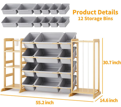 Toy Storage Organizer with Bookshelf and Stuffed Animal Storage - Kids Playroom Organization with Shelves and 12 Toy Bins - Toddler Living Room Toy Box for Lego - Nursery Bedroom Decor Essential