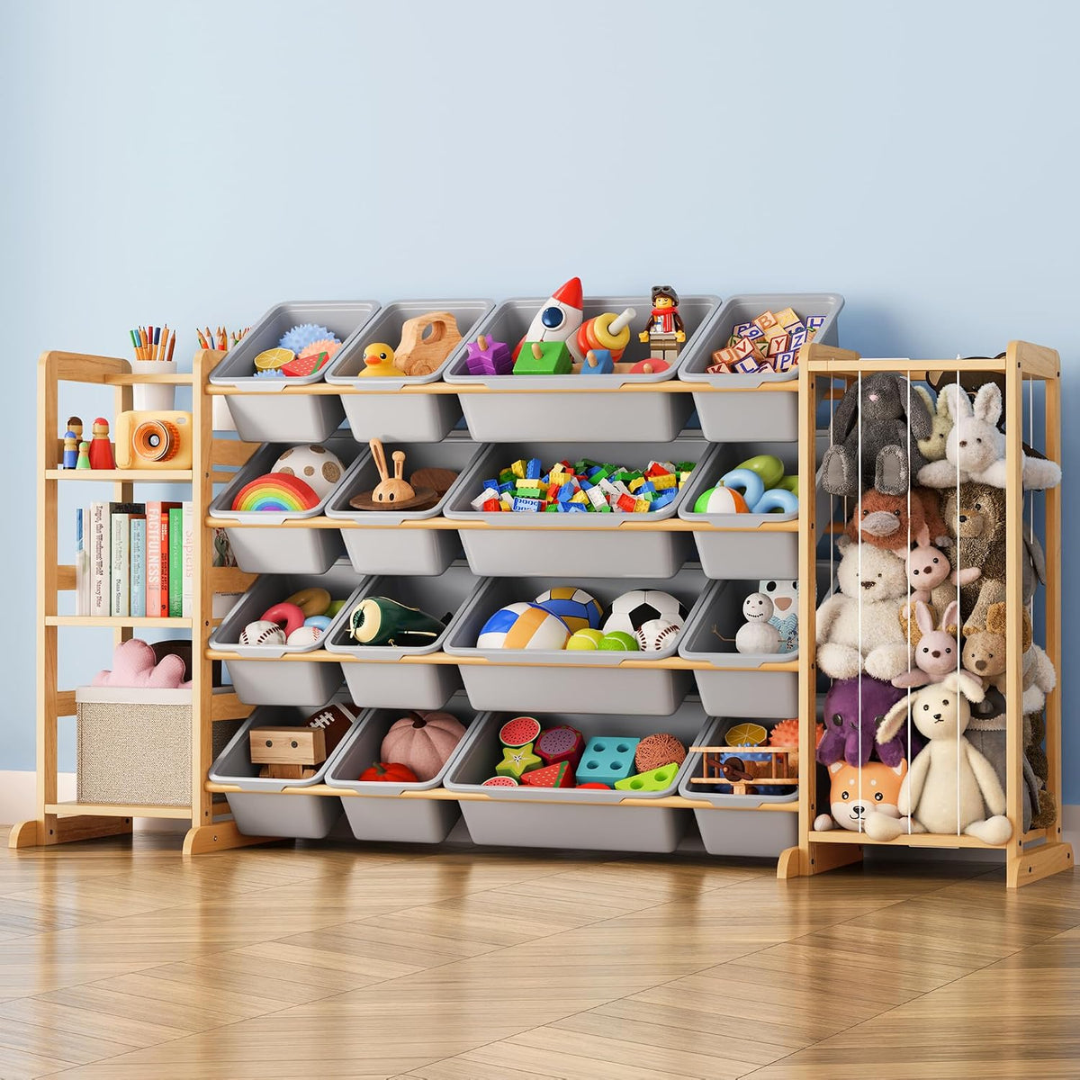 Toy Storage Organizer with Bookshelf and Stuffed Animal Storage - Kids Playroom Organization with Shelves and 12 Toy Bins - Toddler Living Room Toy Box for Lego - Nursery Bedroom Decor Essential