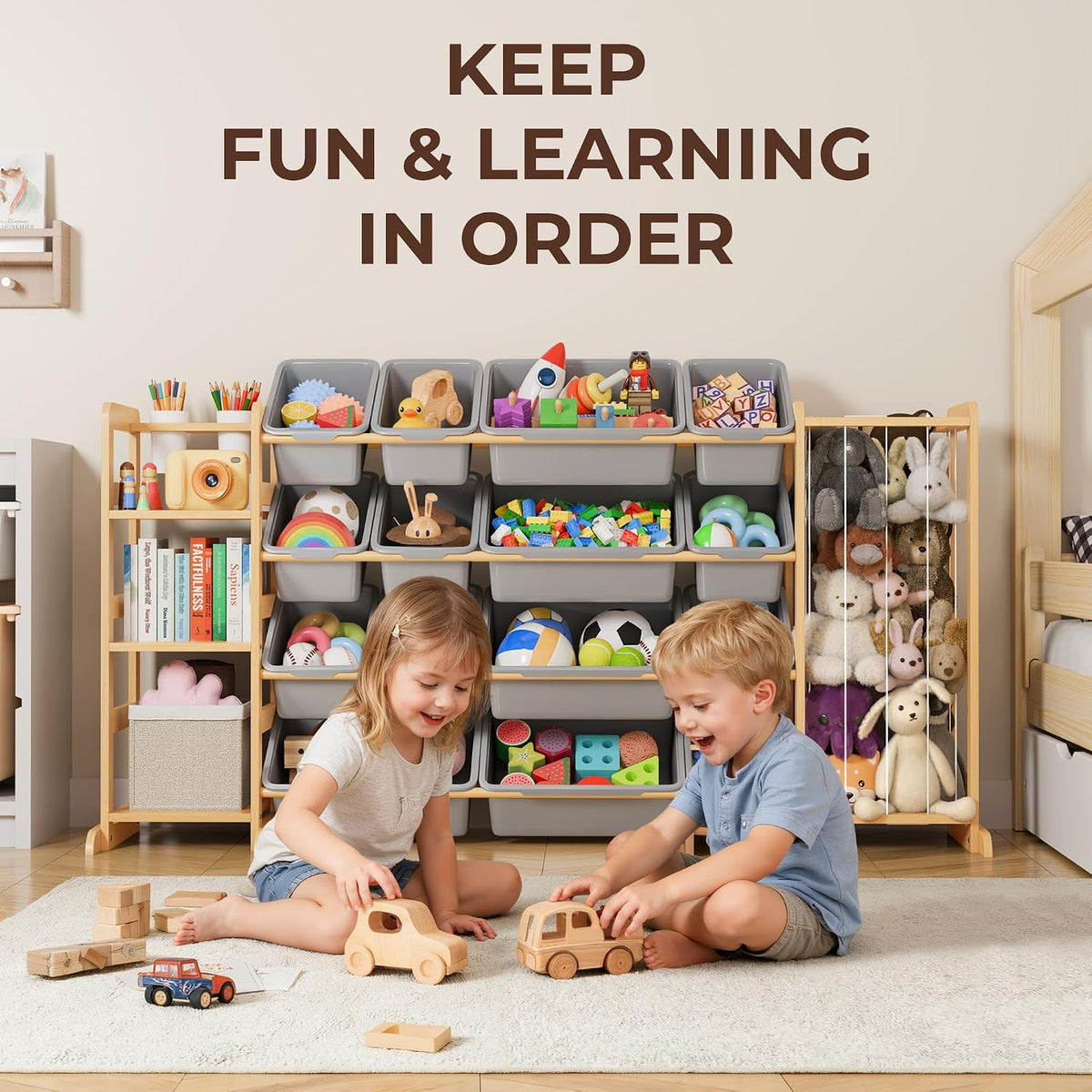 Toy Storage Organizer with Bookshelf and Stuffed Animal Storage - Kids Playroom Organization with Shelves and 12 Toy Bins - Toddler Living Room Toy Box for Lego - Nursery Bedroom Decor Essential
