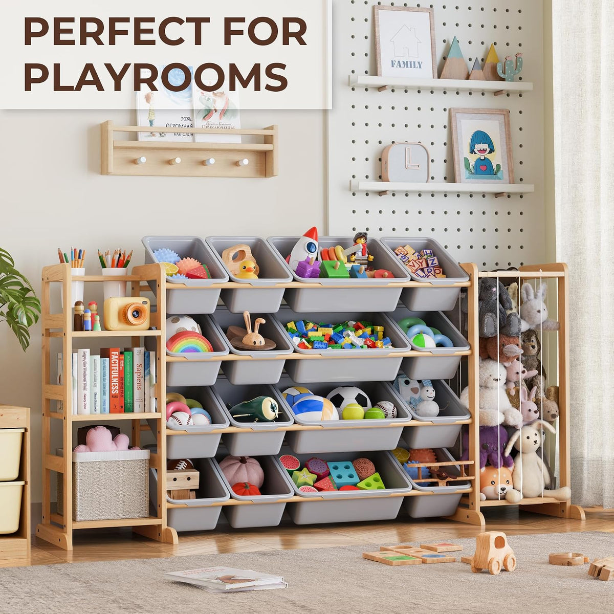Toy Storage Organizer with Bookshelf and Stuffed Animal Storage - Kids Playroom Organization with Shelves and 12 Toy Bins - Toddler Living Room Toy Box for Lego - Nursery Bedroom Decor Essential