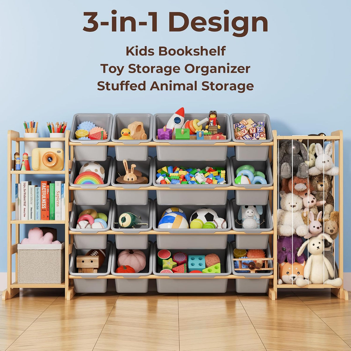 Toy Storage Organizer with Bookshelf and Stuffed Animal Storage - Kids Playroom Organization with Shelves and 12 Toy Bins - Toddler Living Room Toy Box for Lego - Nursery Bedroom Decor Essential