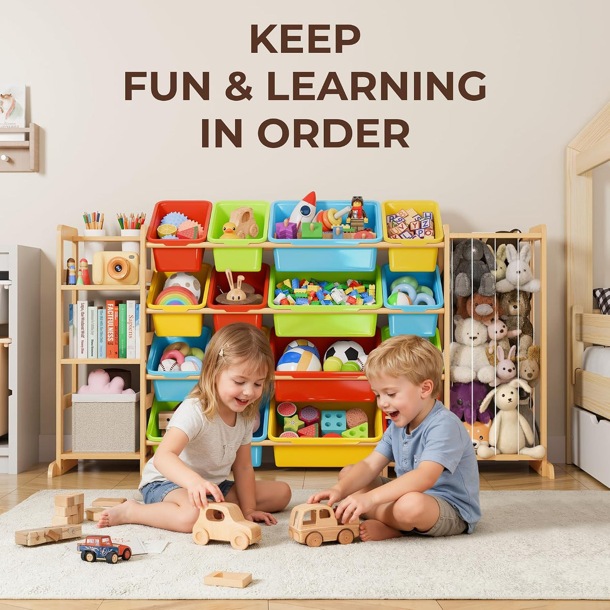 Toy Storage Organizer with Bookshelf and Stuffed Animal Storage - Kids Playroom Organization with Shelves and 12 Toy Bins - Toddler Living Room Toy Box for Lego - Nursery Bedroom Decor Essential