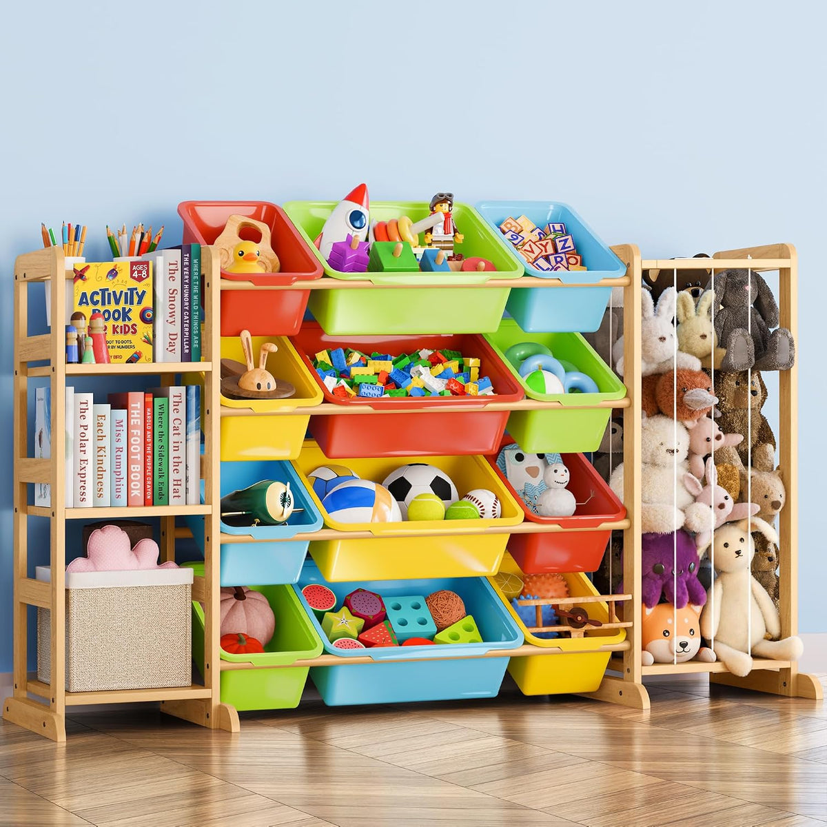 Toy Storage Organizer with Bookshelf and Stuffed Animal Storage - Kids Playroom Organization with Shelves and 12 Toy Bins - Toddler Living Room Toy Box for Lego - Nursery Bedroom Decor Essential