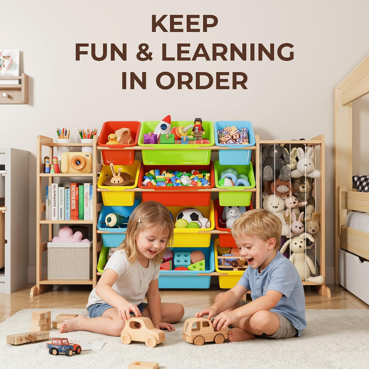 Toy Storage Organizer with Bookshelf and Stuffed Animal Storage - Kids Playroom Organization with Shelves and 12 Toy Bins - Toddler Living Room Toy Box for Lego - Nursery Bedroom Decor Essential