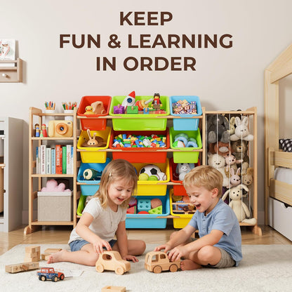 Toy Storage Organizer with Bookshelf and Stuffed Animal Storage - Kids Playroom Organization with Shelves and 12 Toy Bins - Toddler Living Room Toy Box for Lego - Nursery Bedroom Decor Essential