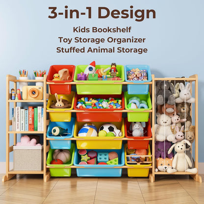 Toy Storage Organizer with Bookshelf and Stuffed Animal Storage - Kids Playroom Organization with Shelves and 12 Toy Bins - Toddler Living Room Toy Box for Lego - Nursery Bedroom Decor Essential