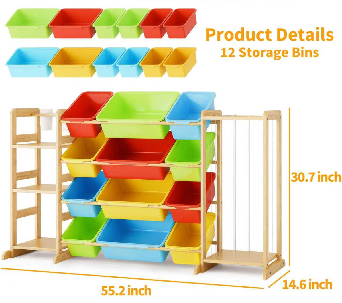 Toy Storage Organizer with Bookshelf and Stuffed Animal Storage - Kids Playroom Organization with Shelves and 12 Toy Bins - Toddler Living Room Toy Box for Lego - Nursery Bedroom Decor Essential