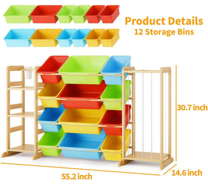 Toy Storage Organizer with Bookshelf and Stuffed Animal Storage - Kids Playroom Organization with Shelves and 12 Toy Bins - Toddler Living Room Toy Box for Lego - Nursery Bedroom Decor Essential