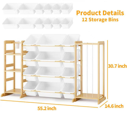 Toy Storage Organizer with Bookshelf and Stuffed Animal Storage - Kids Playroom Organization with Shelves and 12 Toy Bins - Toddler Living Room Toy Box for Lego - Nursery Bedroom Decor Essential