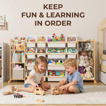 Toy Storage Organizer with Bookshelf and Stuffed Animal Storage - Kids Playroom Organization with Shelves and 12 Toy Bins - Toddler Living Room Toy Box for Lego - Nursery Bedroom Decor Essential