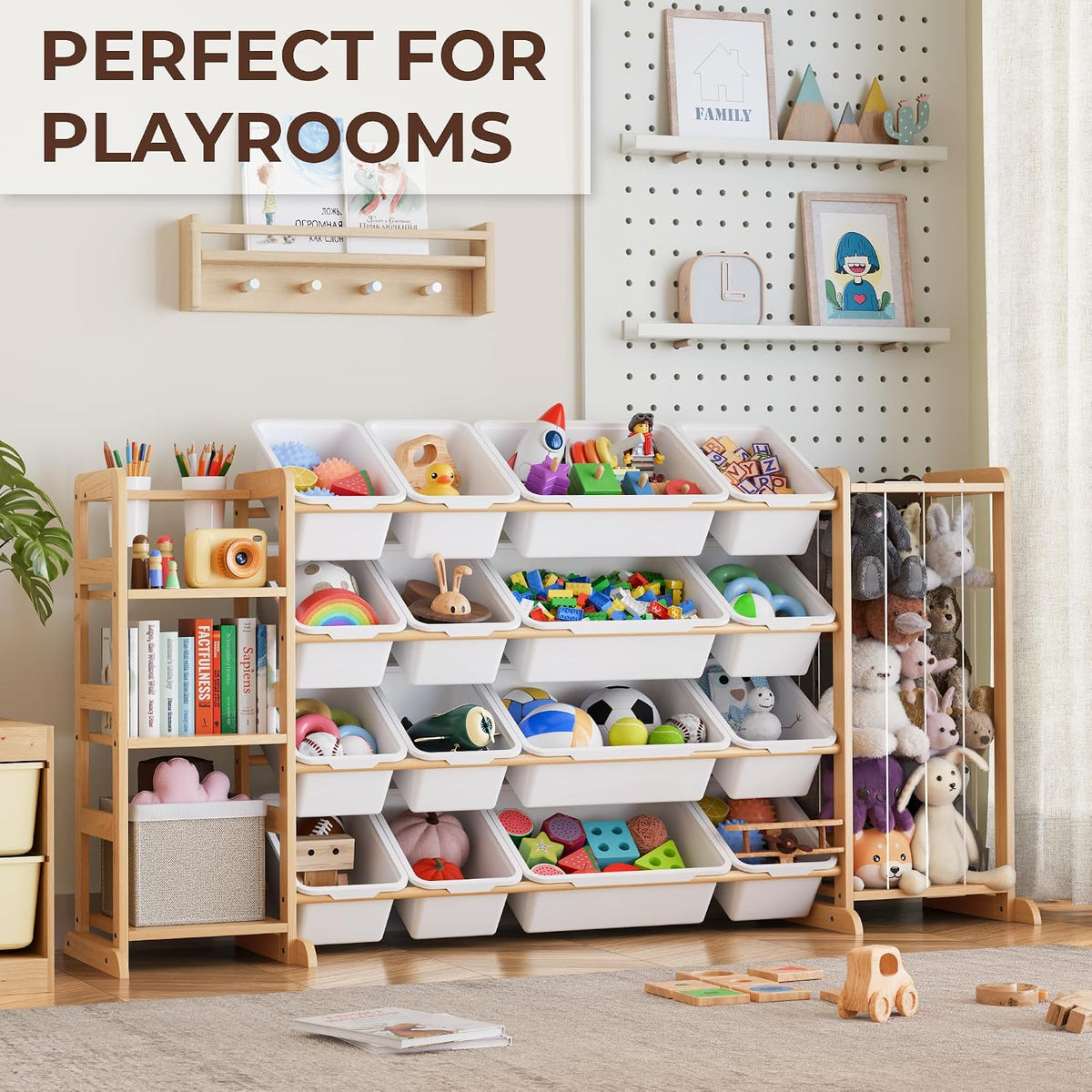 Toy Storage Organizer with Bookshelf and Stuffed Animal Storage - Kids Playroom Organization with Shelves and 12 Toy Bins - Toddler Living Room Toy Box for Lego - Nursery Bedroom Decor Essential