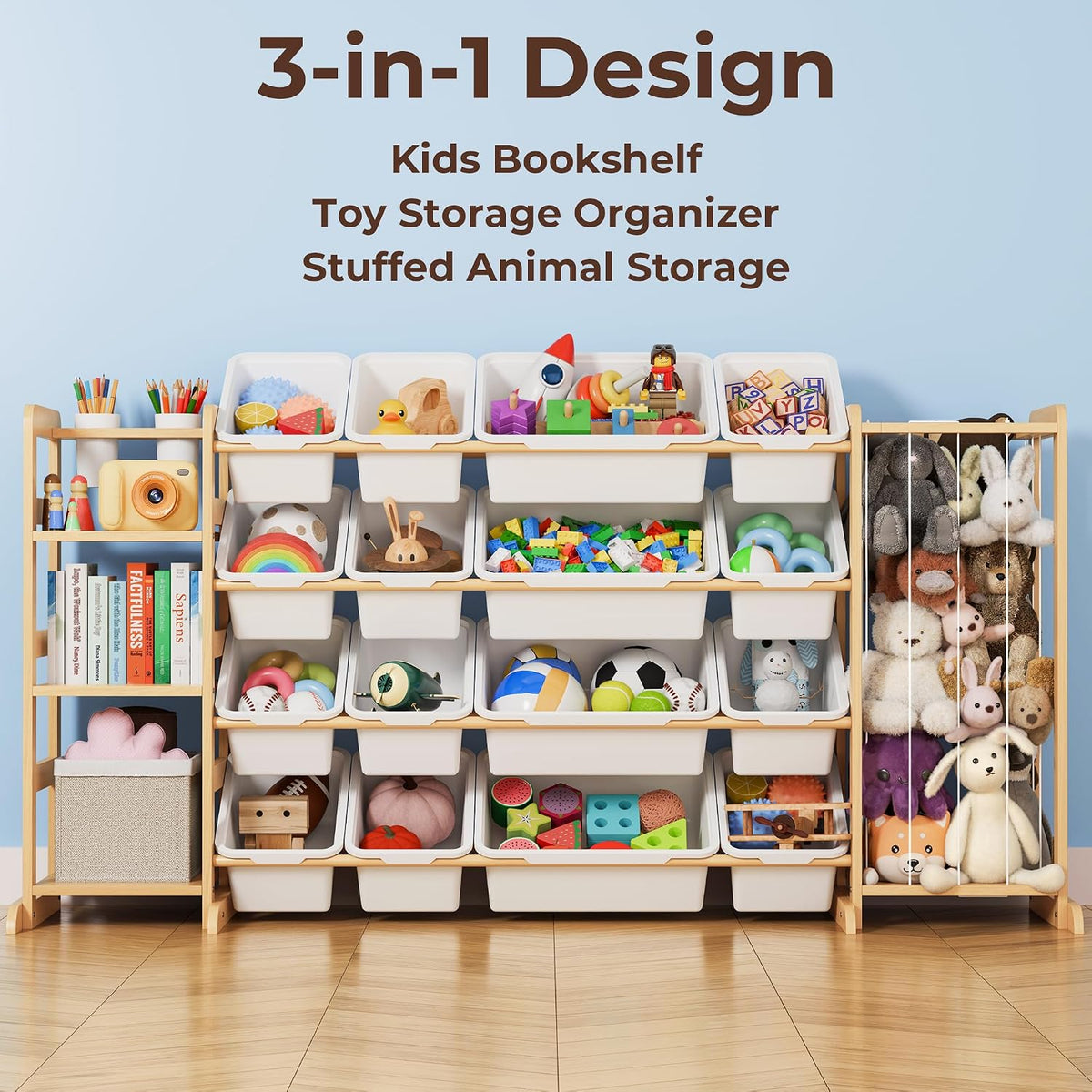 Toy Storage Organizer with Bookshelf and Stuffed Animal Storage - Kids Playroom Organization with Shelves and 12 Toy Bins - Toddler Living Room Toy Box for Lego - Nursery Bedroom Decor Essential