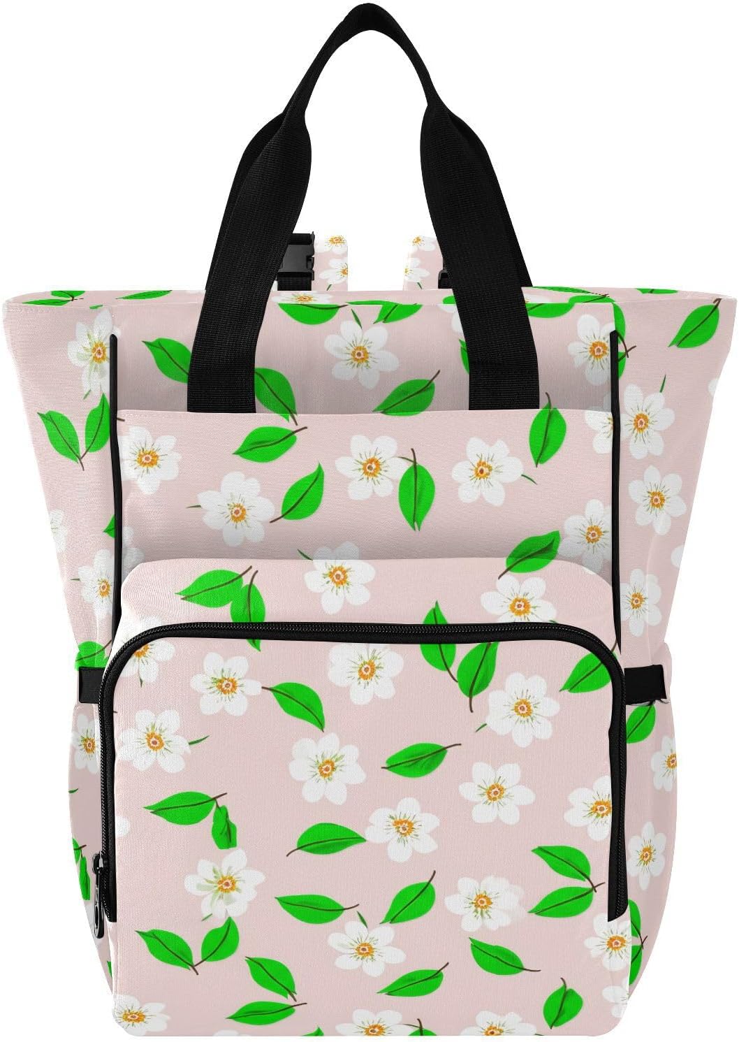 Diaper Bag Backpack, Multifunction Travel Bag for Moms Dads, Baby Changing Bag with Insulted Pockets, Stroller Straps and Side Bottle Pockets White Floral Pattern