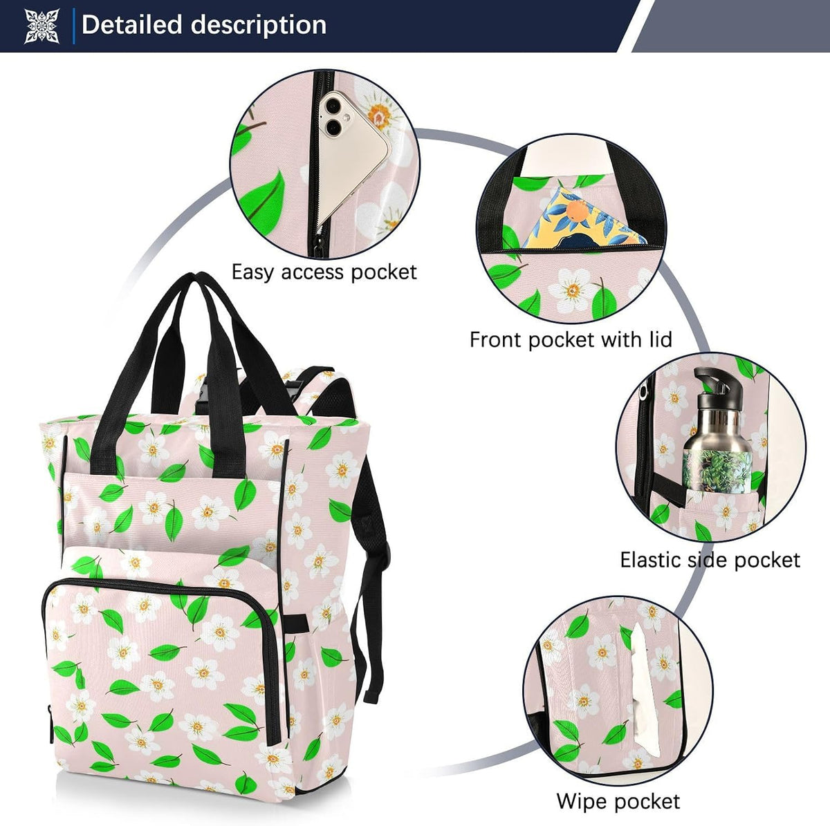 Diaper Bag Backpack, Multifunction Travel Bag for Moms Dads, Baby Changing Bag with Insulted Pockets, Stroller Straps and Side Bottle Pockets White Floral Pattern