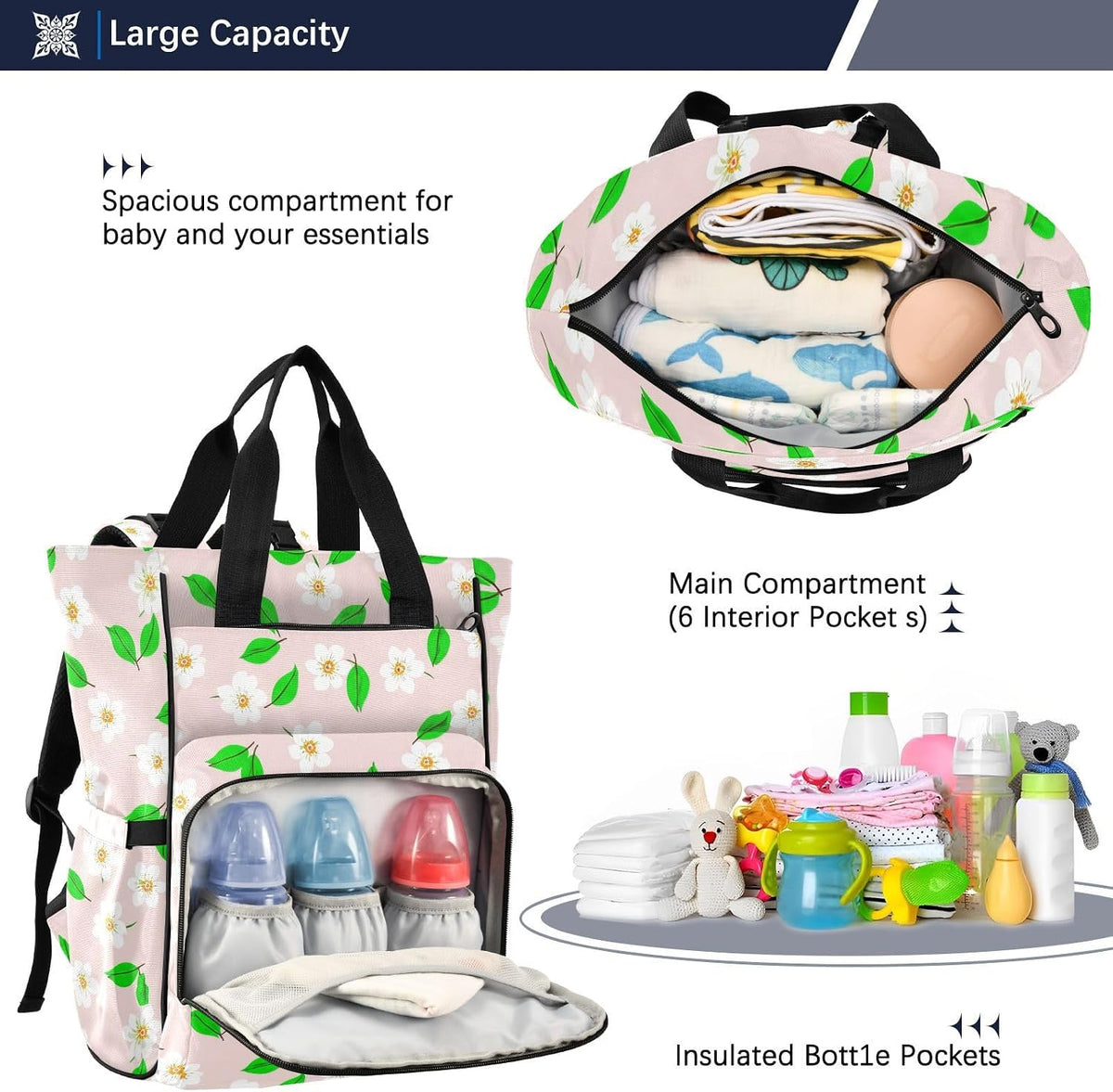 Diaper Bag Backpack, Multifunction Travel Bag for Moms Dads, Baby Changing Bag with Insulted Pockets, Stroller Straps and Side Bottle Pockets White Floral Pattern
