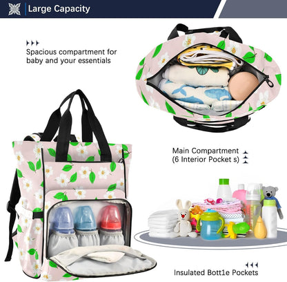 Diaper Bag Backpack, Multifunction Travel Bag for Moms Dads, Baby Changing Bag with Insulted Pockets, Stroller Straps and Side Bottle Pockets White Floral Pattern