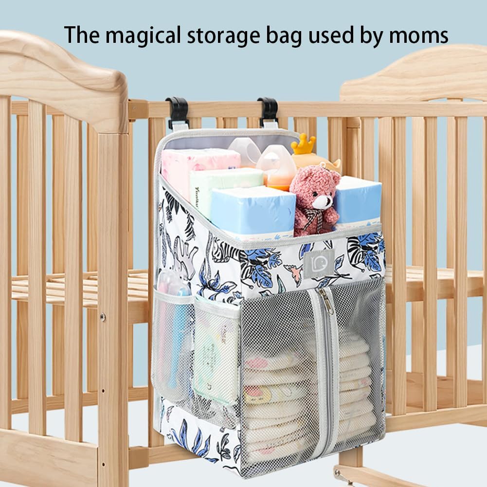 Changing Table Diaper Organizer, Nursery Caddy Organizer for Cribs Playard Baby Essentials Storage, Oxford Fabric Baby Bedside Hanging Storage Bag with Organized Compartments