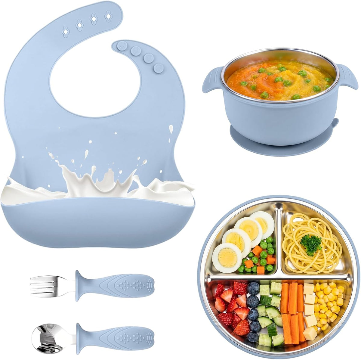 5-in-1 Stainless Steel Baby Feeding Set with Suction Plate & Spoon