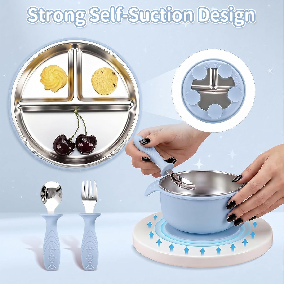 5-in-1 Stainless Steel Baby Feeding Set with Suction Plate & Spoon