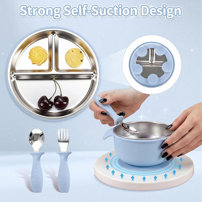 5-in-1 Stainless Steel Baby Feeding Set with Suction Plate & Spoon