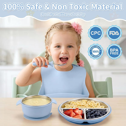 5-in-1 Stainless Steel Baby Feeding Set with Suction Plate & Spoon