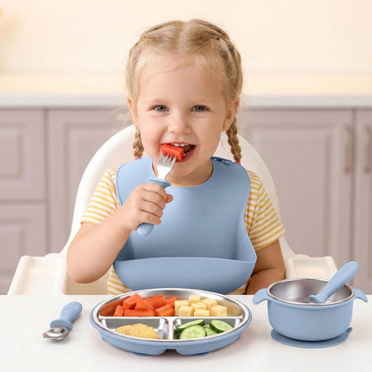 5-in-1 Stainless Steel Baby Feeding Set with Suction Plate & Spoon