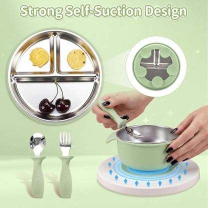 5-in-1 Stainless Steel Baby Feeding Set with Suction Plate & Spoon