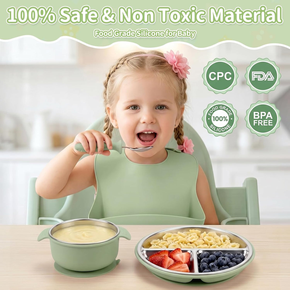 5-in-1 Stainless Steel Baby Feeding Set with Suction Plate & Spoon