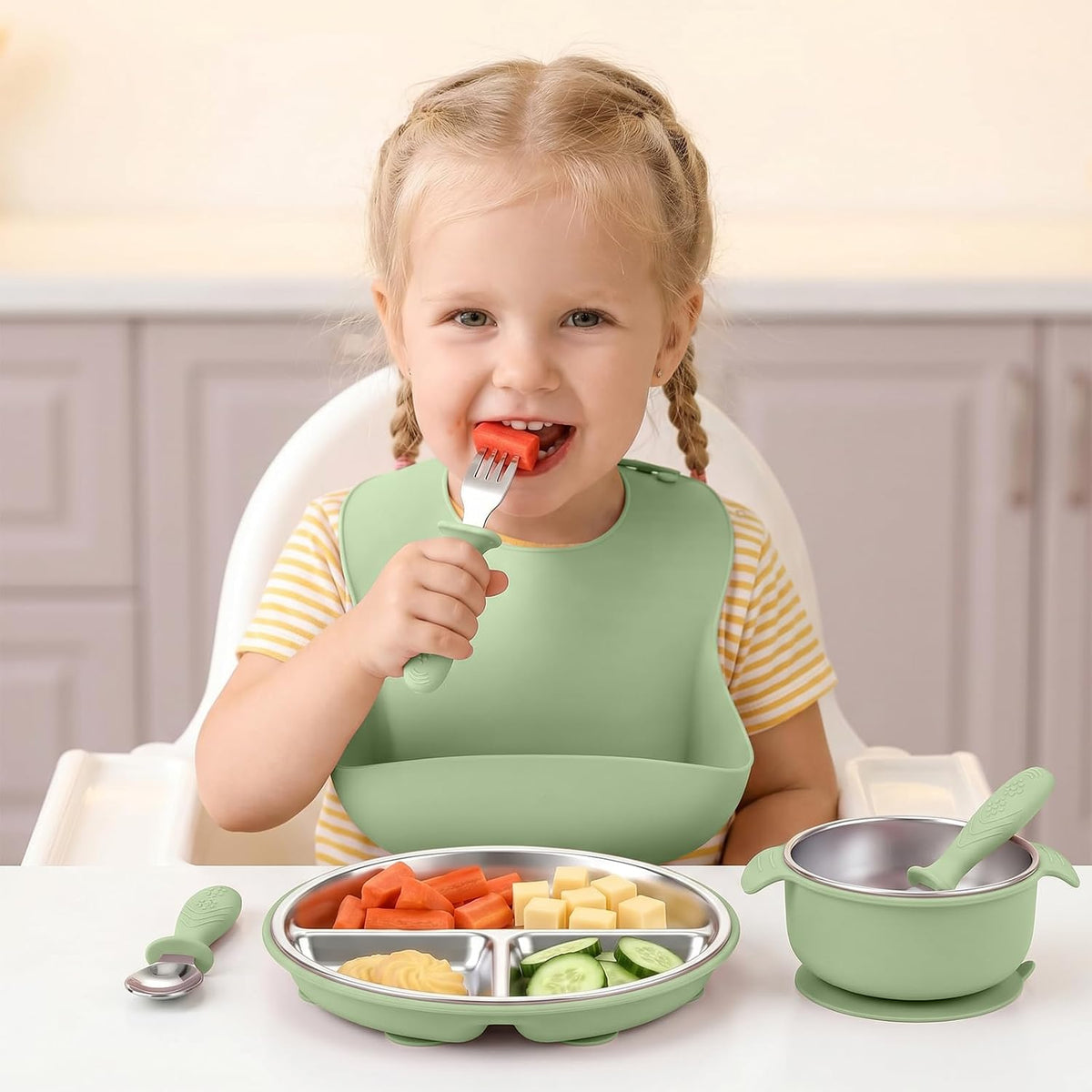 5-in-1 Stainless Steel Baby Feeding Set with Suction Plate & Spoon
