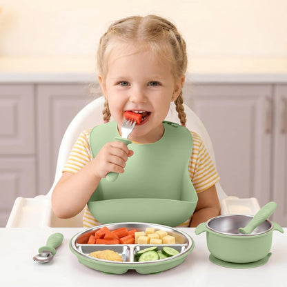 5-in-1 Stainless Steel Baby Feeding Set with Suction Plate & Spoon