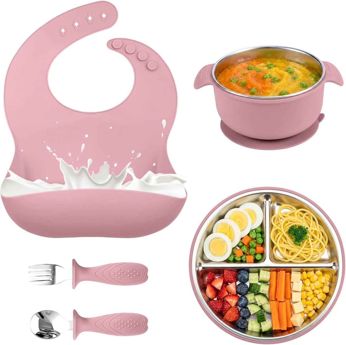 5-in-1 Stainless Steel Baby Feeding Set with Suction Plate & Spoon