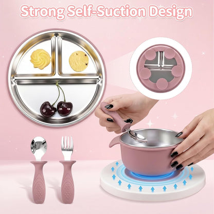 5-in-1 Stainless Steel Baby Feeding Set with Suction Plate & Spoon