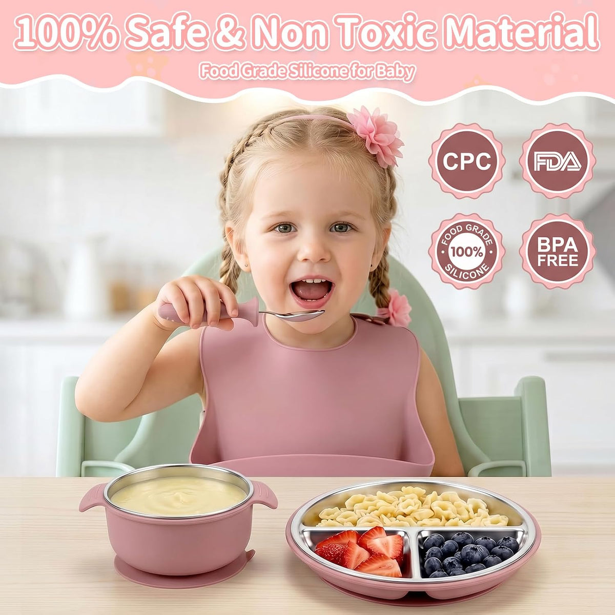5-in-1 Stainless Steel Baby Feeding Set with Suction Plate & Spoon