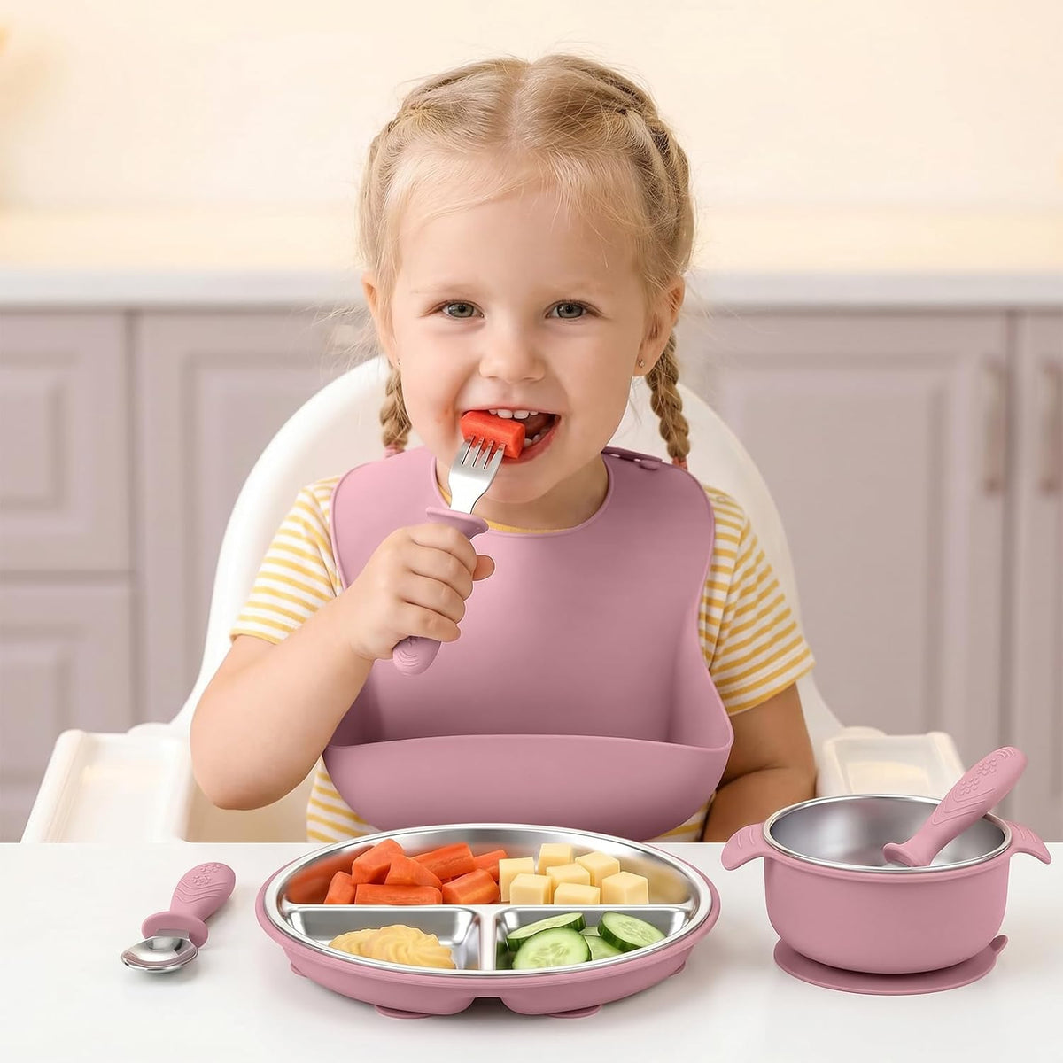 5-in-1 Stainless Steel Baby Feeding Set with Suction Plate & Spoon