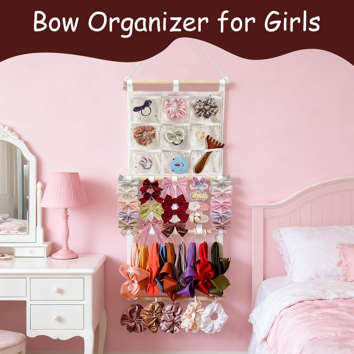 Headband Holder Bows Organizer for Girls | High Capacity Wall Mounted Hair Accessories Organizer Holder for Hair Bows & Clips | Girls Room Wall Decor