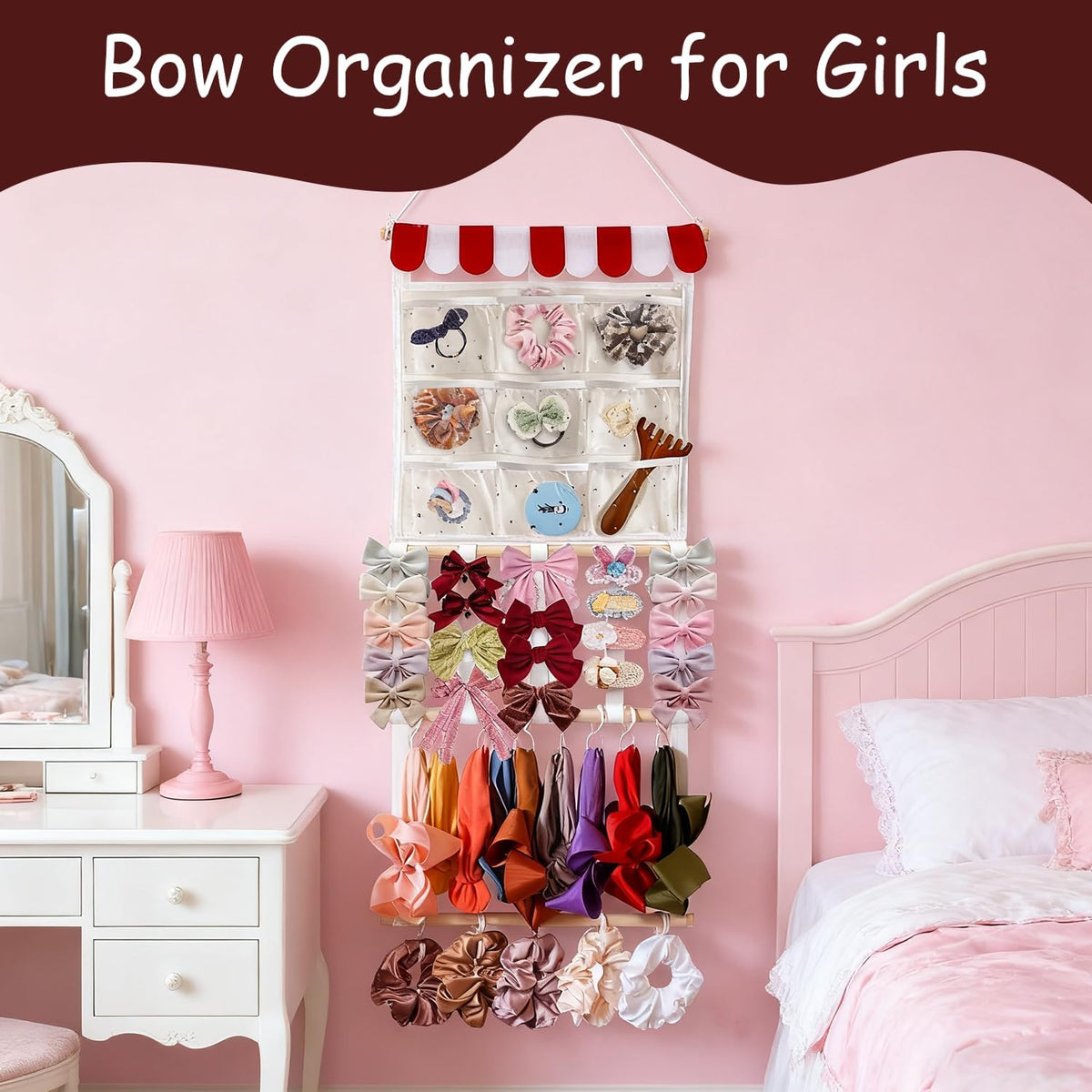 Headband Holder Bows Organizer for Girls | High Capacity Wall Mounted Hair Accessories Organizer Holder for Hair Bows & Clips | Girls Room Wall Decor