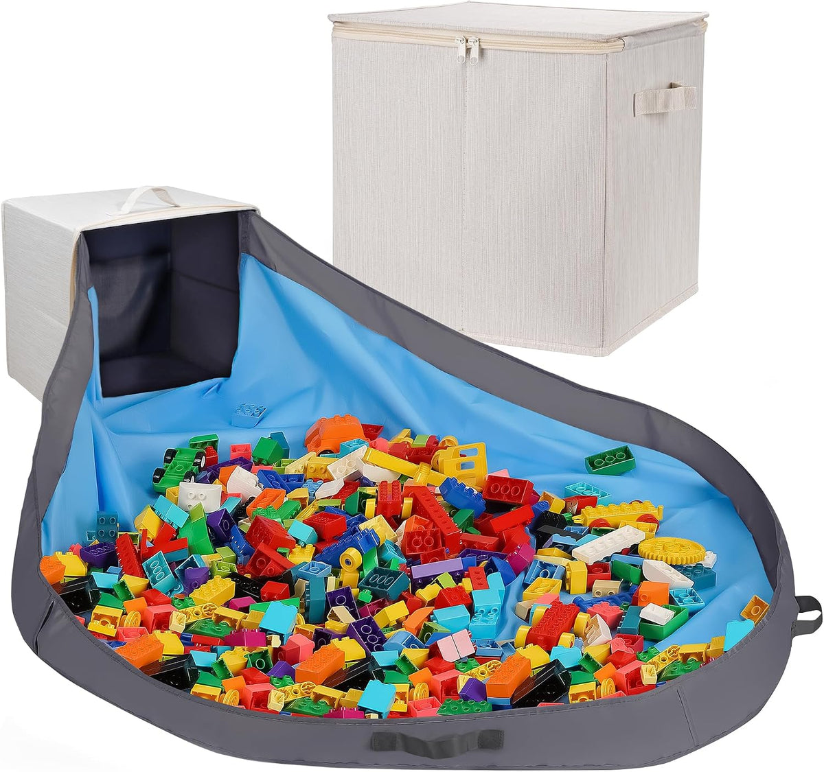Toy Storage Organizer with Attached Play Mat for Kids – 13" x 13" x 13" Stackable and Foldable Cubby Box Nursery Organizers, Storage Bins with Lid for Playroom (Cream Bamboo)