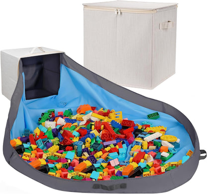Toy Storage Organizer with Attached Play Mat for Kids – 13" x 13" x 13" Stackable and Foldable Cubby Box Nursery Organizers, Storage Bins with Lid for Playroom (Cream Bamboo)
