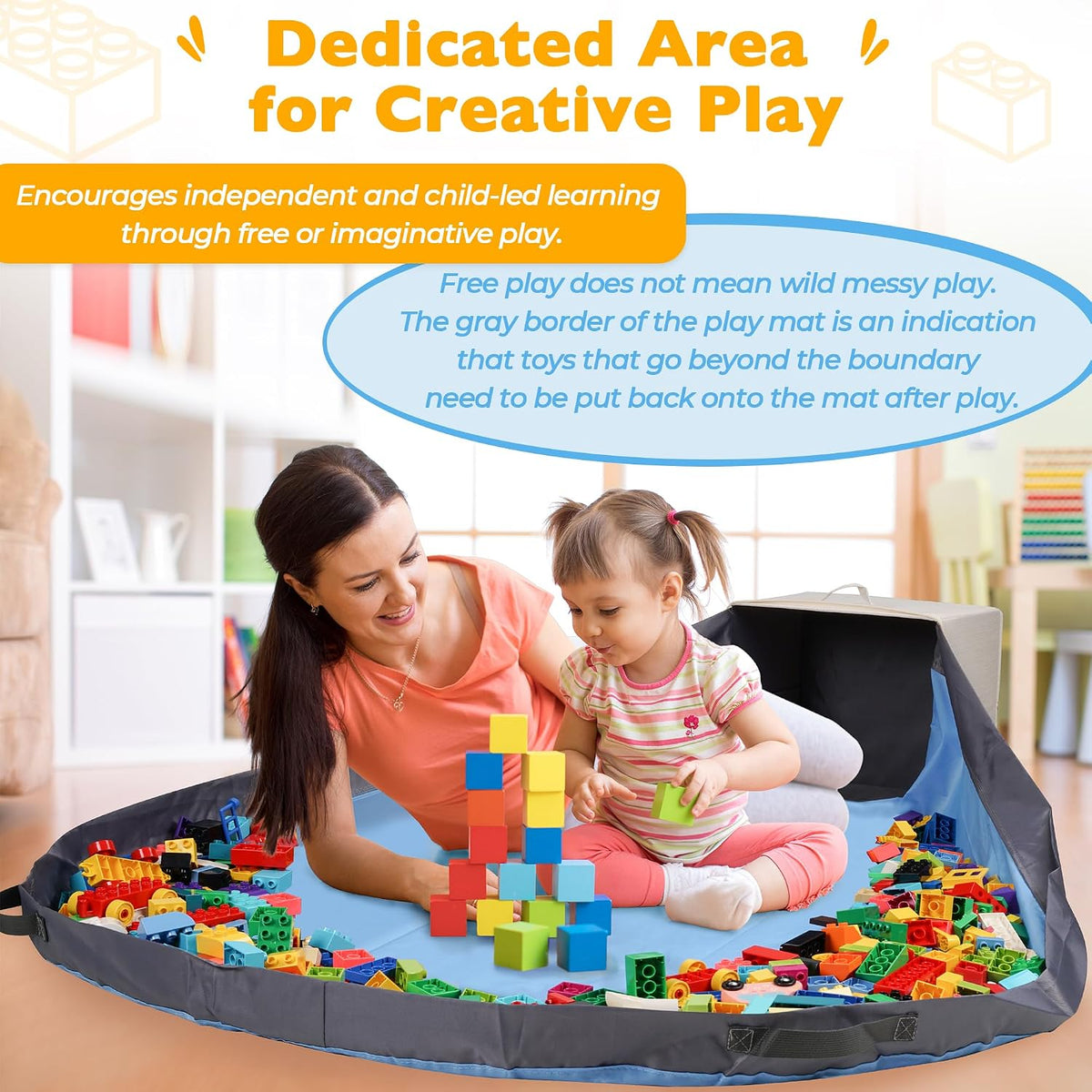 Toy Storage Organizer with Attached Play Mat for Kids – 13" x 13" x 13" Stackable and Foldable Cubby Box Nursery Organizers, Storage Bins with Lid for Playroom (Cream Bamboo)