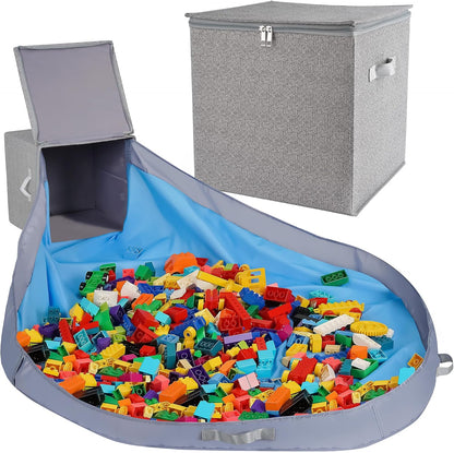 Toy Storage Organizer with Attached Play Mat for Kids – 13" x 13" x 13" Stackable and Foldable Cubby Box Nursery Organizers, Storage Bins with Lid for Playroom (Cream Bamboo)