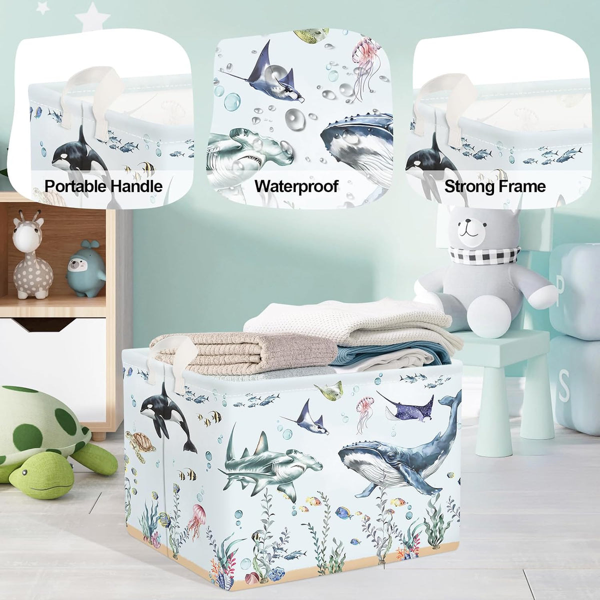 Ocean Animals Baby Laundry Hamper Collapsible Clothes Kids Storage Basket Large Boys Girls Gift Toy Box Bin for Nursery Room, Sea Turtle, 63L