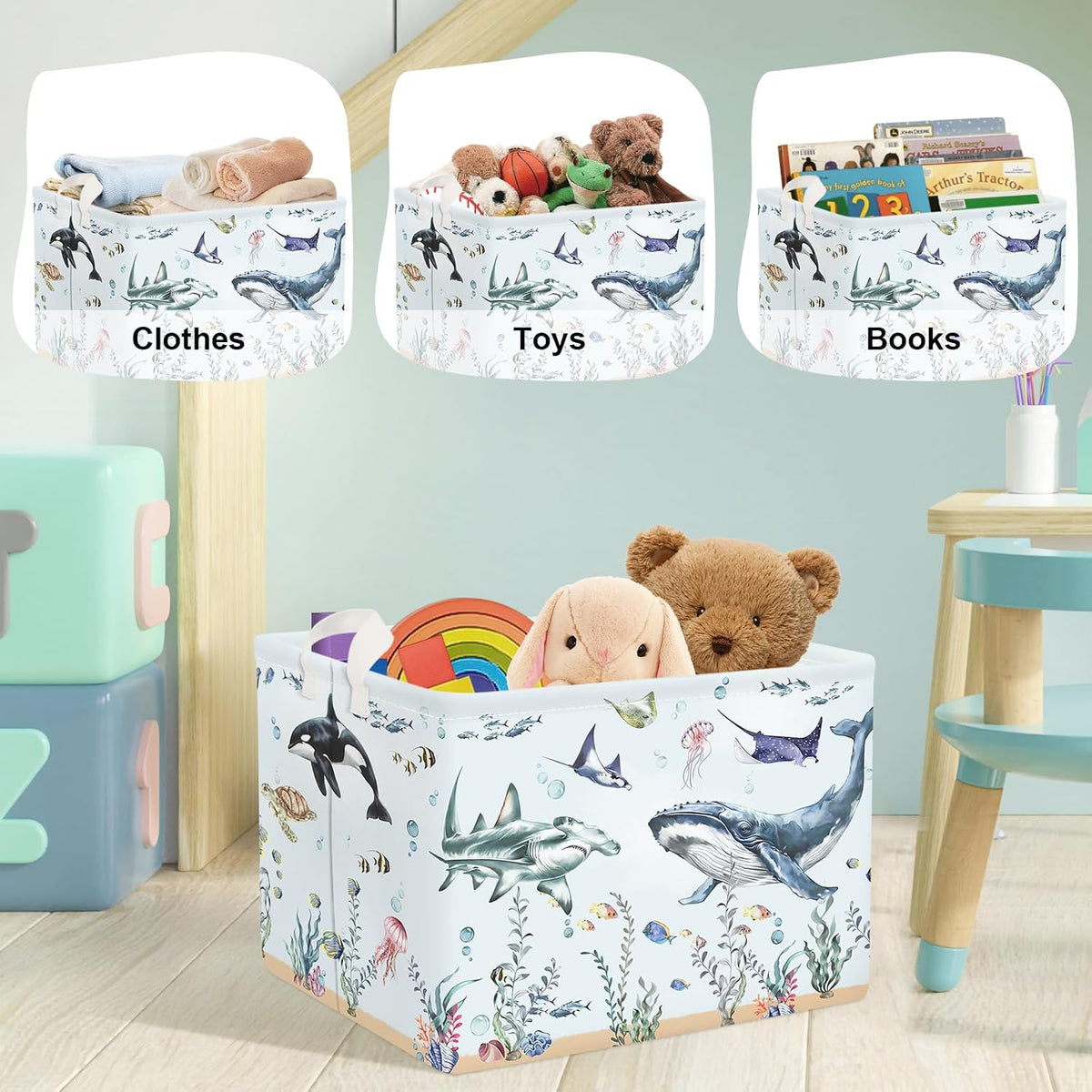 Ocean Animals Baby Laundry Hamper Collapsible Clothes Kids Storage Basket Large Boys Girls Gift Toy Box Bin for Nursery Room, Sea Turtle, 63L